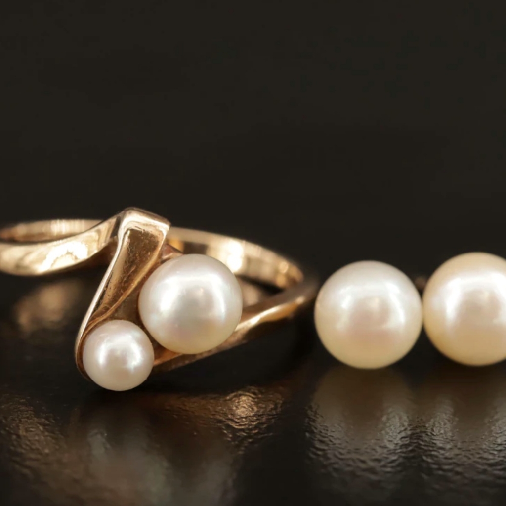 14k Pearl Stud Earrings And 10k Pearl Bypass Ring